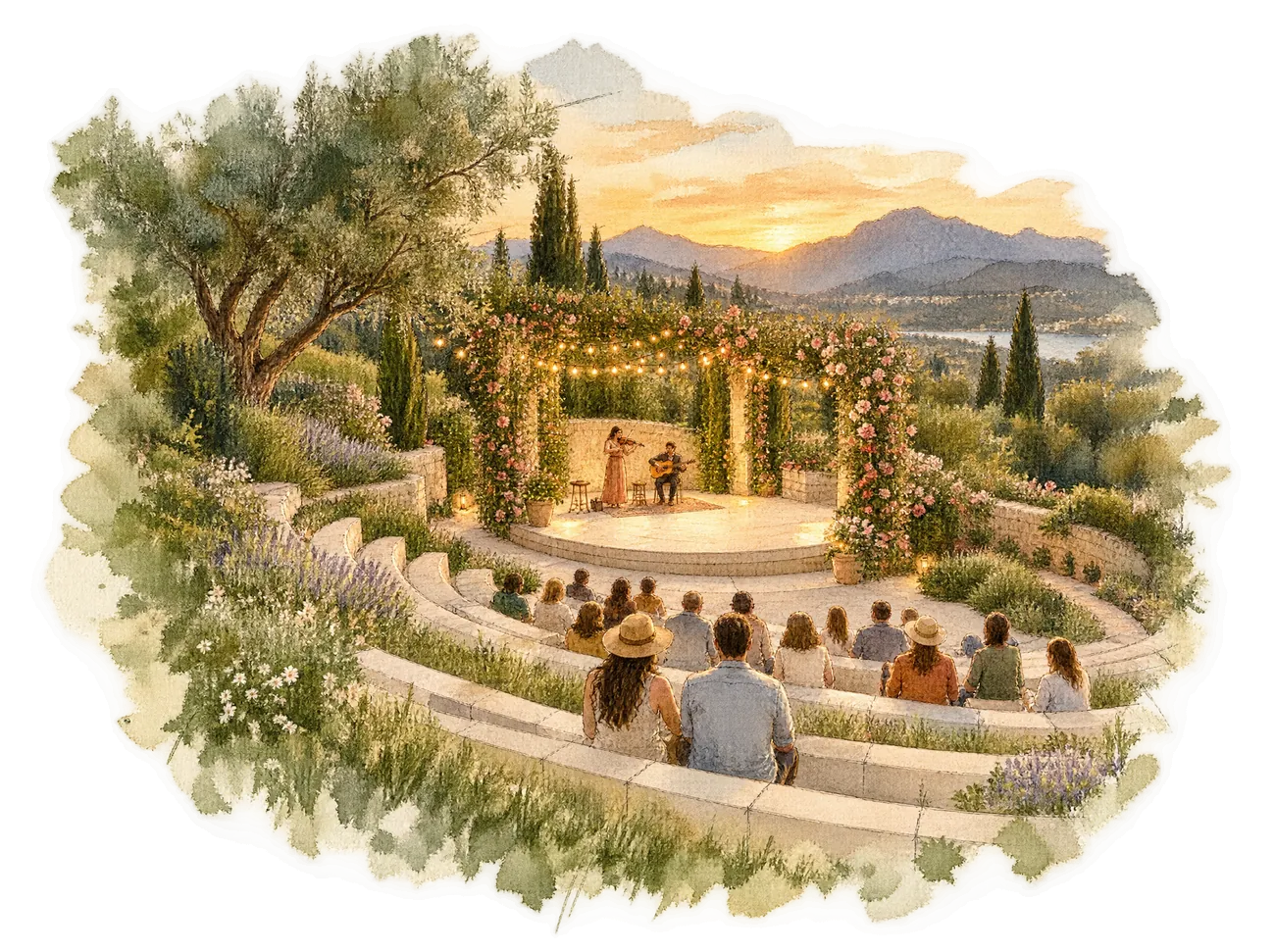 Watercolor concept of a stone amphitheatre on a hillside at dusk with musicians on a rose-framed stage