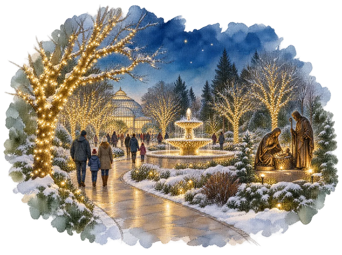 Watercolor concept of the garden on a snowy evening with trees wrapped in lights and a bronze nativity