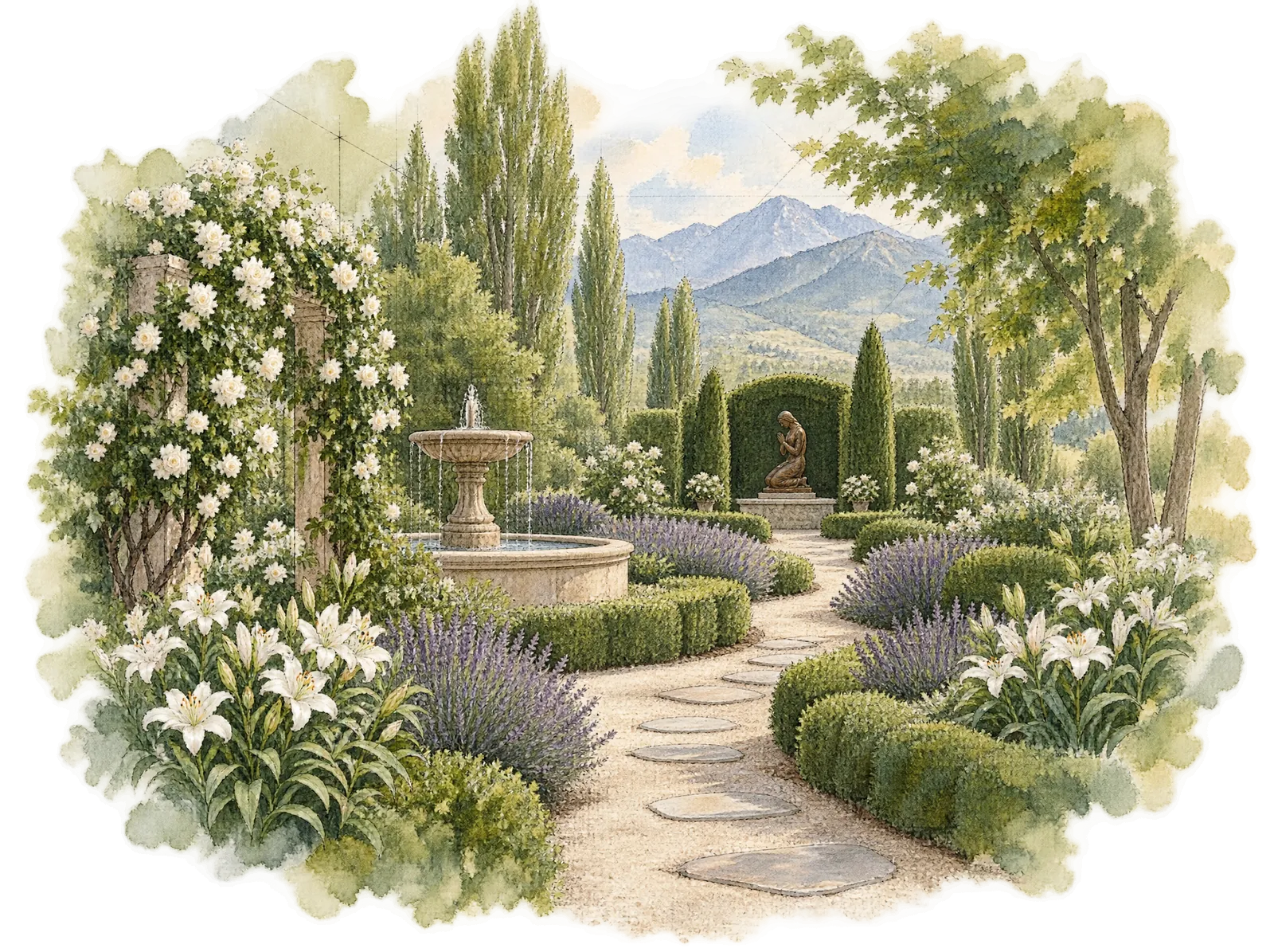 Watercolor concept rendering of a gravel garden path with stepping stones winding past lilies, lavender and a stone fountain toward a bronze sculpture in a hedge alcove, mountains beyond