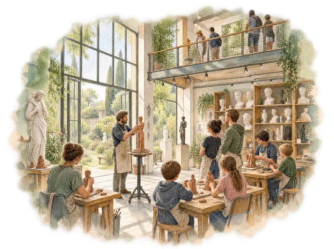 Watercolor concept of a sculptor demonstrating to students in a bright studio classroom beside a marble Good Shepherd carrying a lamb on his shoulders