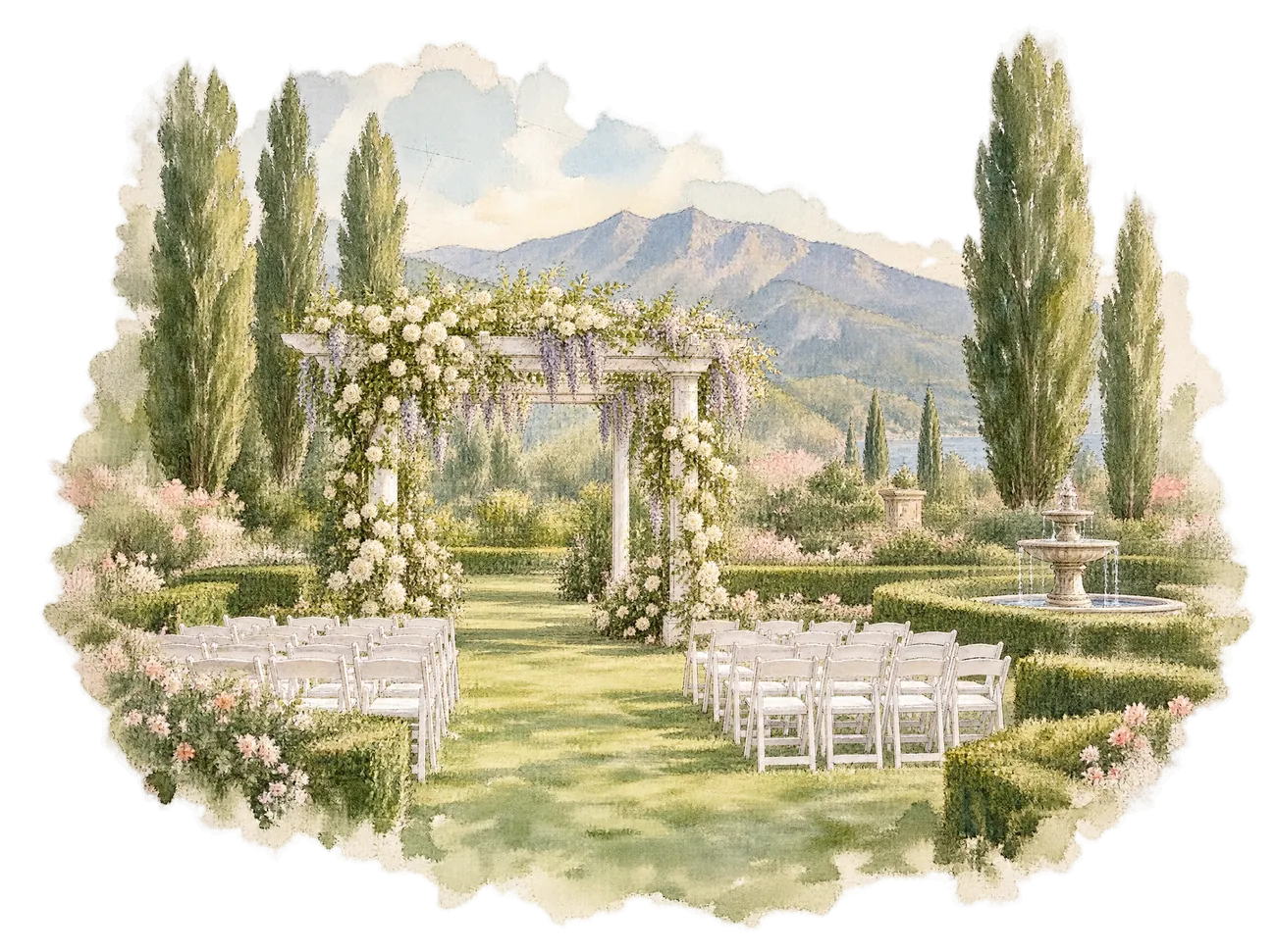 Watercolor concept of a garden wedding lawn with a rose-draped pergola and white chairs