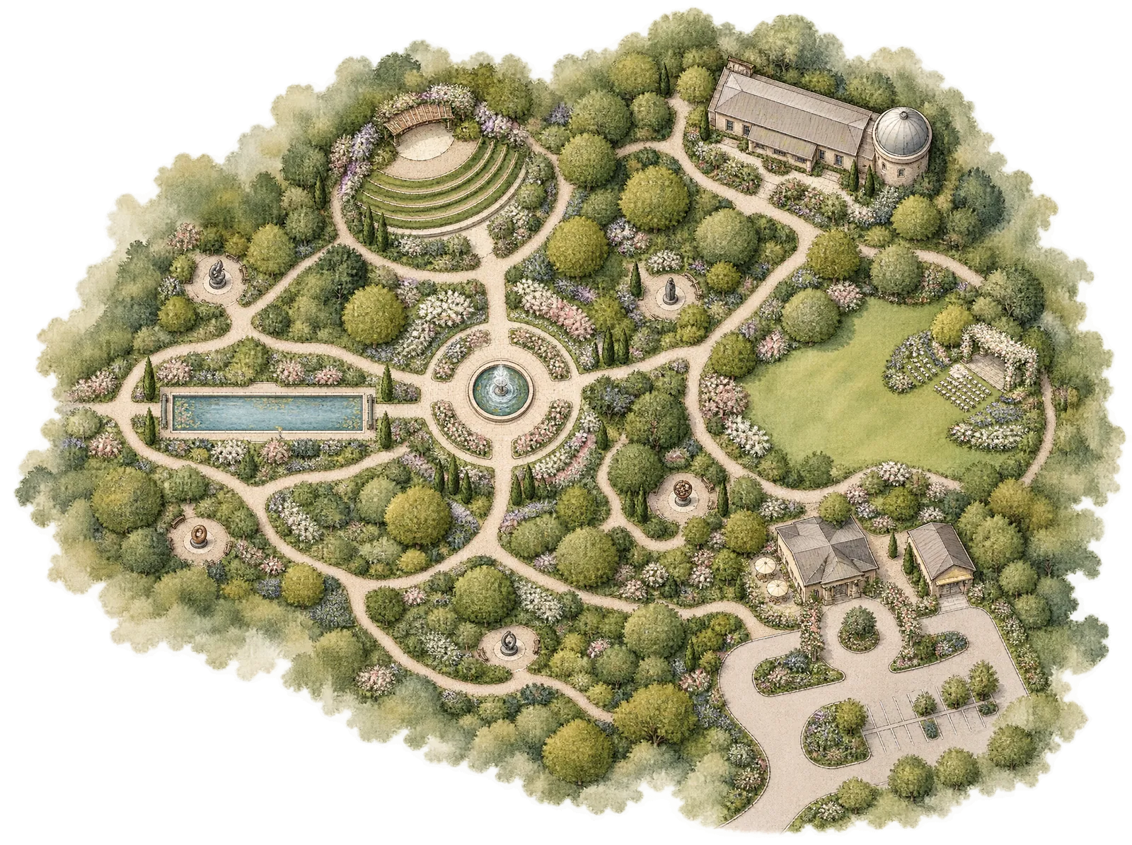 Watercolor master site plan of the gardens showing winding paths, a central fountain, reflecting pool, amphitheatre, sculpture studio with observatory, wedding lawn and visitor buildings